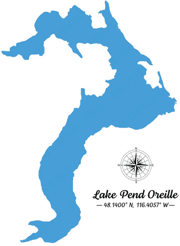 Outline map of Lake Pend Oreille, Sandpoint, Idaho